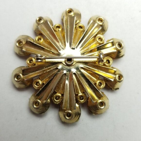 Vintage Yellow and Dark Orange Rhinestone Cluster Floral Flower Brooch 60s Style - Picture 3 of 6
